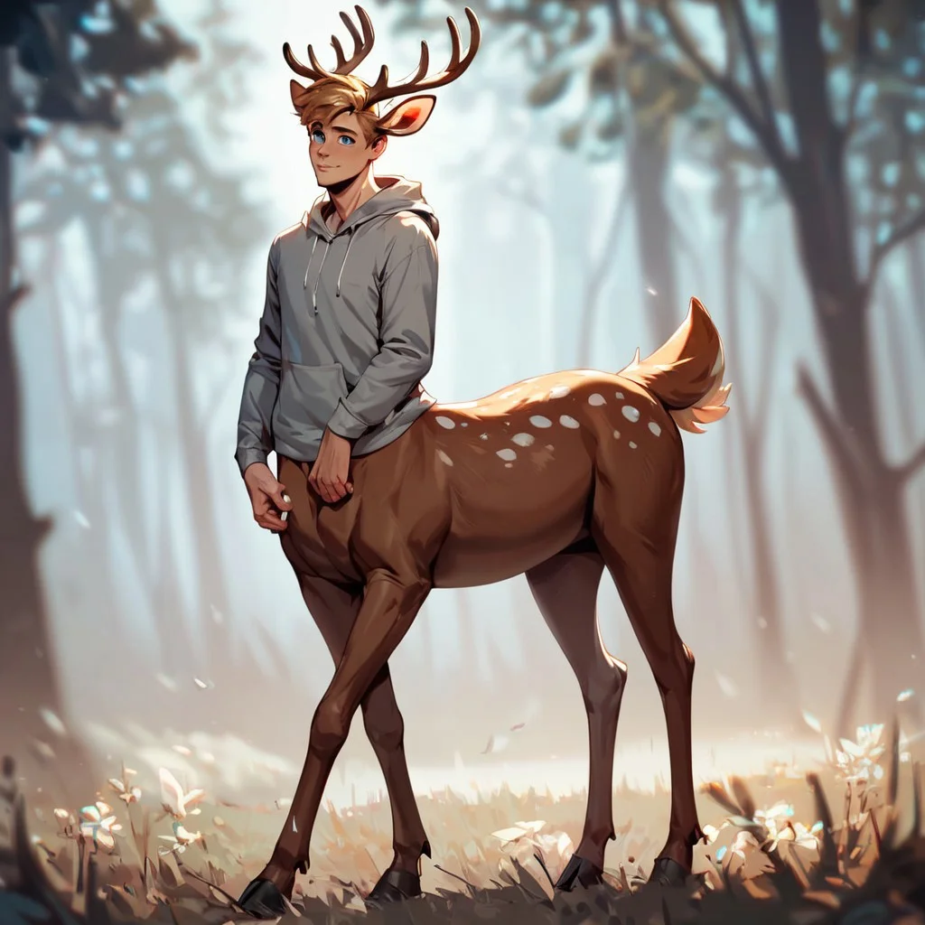 (((beautiful, high quality))), full Body, score_9, score_8_up, score_7_up, 
Сentaur, Centaur deer, 1male, blue eyes, blond hair, gray hoodie, antlers, brown very,
looking at the viewer, posing, blurred background,