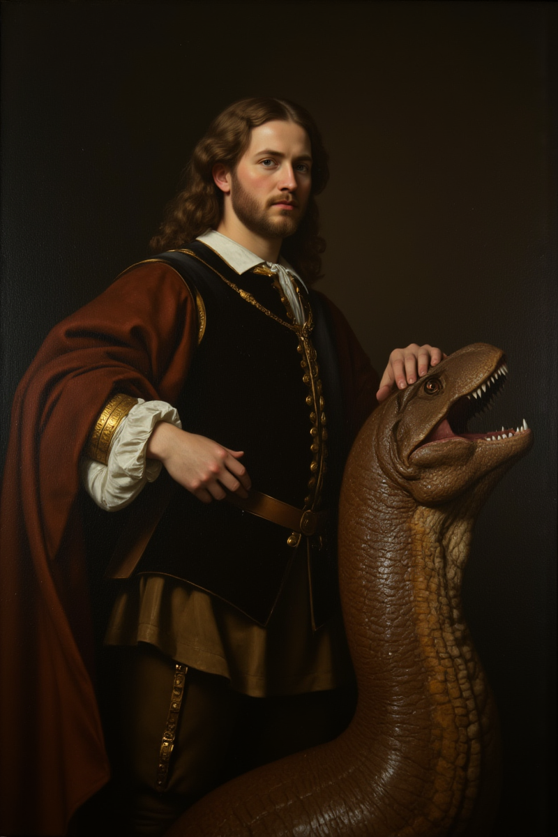classical oil painting,HDPortrait_photo,In a striking tableau that blends the aesthetics of classicalism with the fantastical,a medieval French nobleman stands poised in the center of a dark,moody backdrop. His attire is a rich tapestry of nobility,with a doublet of fine velvet and a cloak that drapes elegantly over his shoulders. His hair is styled in the fashion of his time,and his face bears the composed expression typical of classical portraiture.,
Beside him,an impossible companion: a dinosaur,its scales a deep,earthy hue that contrasts with the nobleman's attire. The creature's presence is both surreal and majestic,its size dwarfing the human figure yet its demeanor gentle,as if it is a trusted friend rather than a prehistoric beast,close up,
The nobleman rests a hand upon the dinosaur's back,a gesture of camaraderie and mutual respect. The interplay of light and shadow accentuates the textures of the nobleman's clothing and the dinosaur's scales,adding depth and realism to the scene.,
This painting,while rooted in classical style,defies the boundaries of time and reality,creating a whimsical and thought-provoking image that challenges the viewer's perceptions of history and the natural world.,