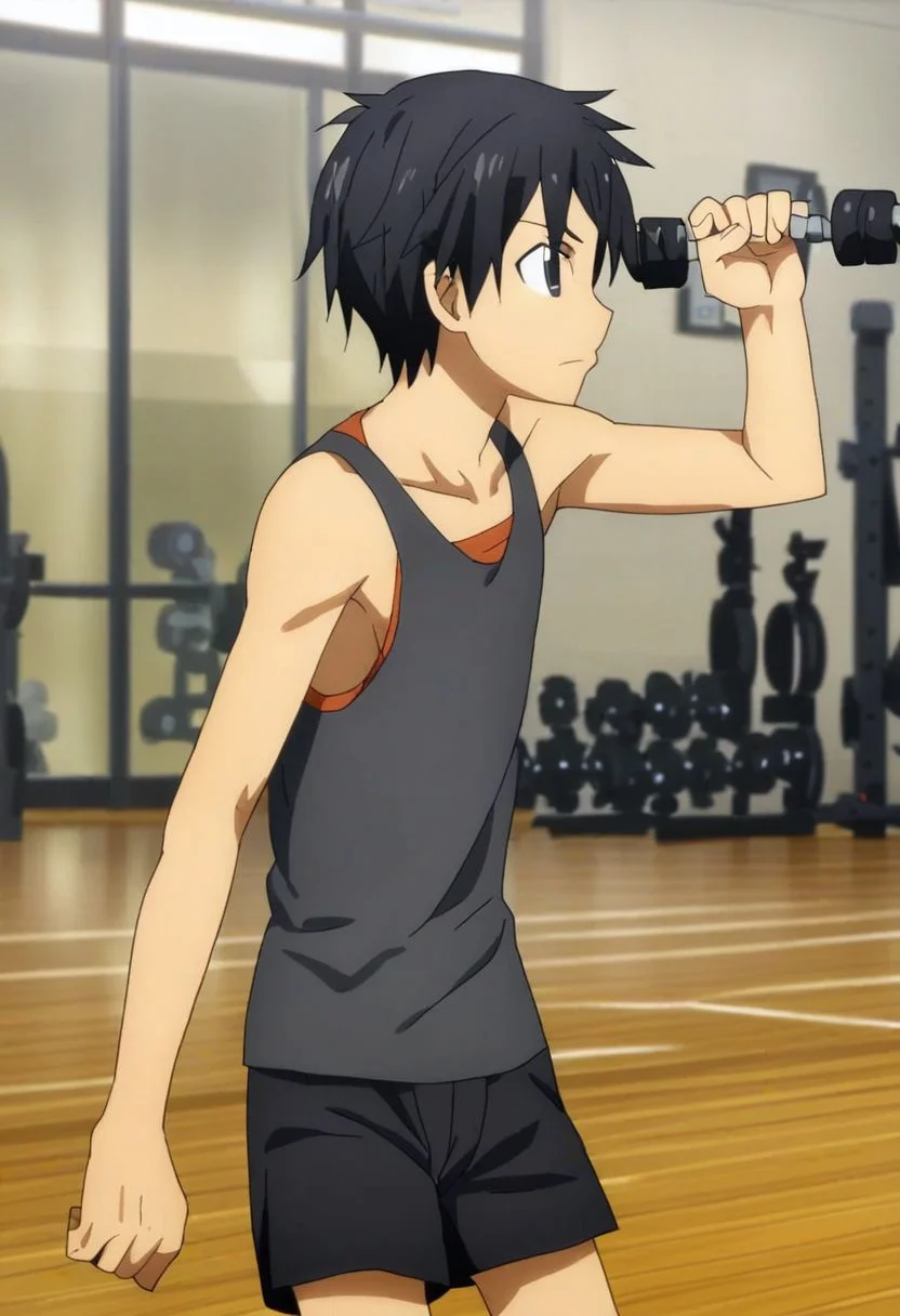 high resolution, professional photography, solo, best quality, 1Boy, Kazuto Kirigaya, Black Hair, Black Eyes, Gym Boy, tank top, shorts, exercise, gym, OverallDetail