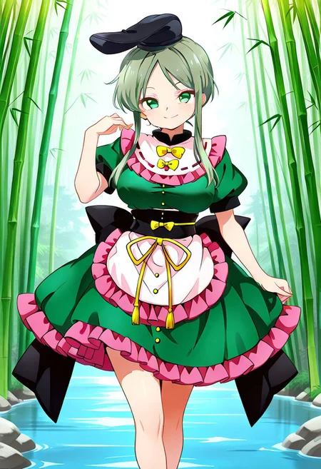 baba style, ((bamboo forest)), ((river)), ((day time)), 1girl, solo, (standing), (posing), (looking at viewer), ((large breasts)), smile, ((teireida mai)), green hair, green eyes, short hair with long locks, hat, tate eboshi, short sleeves, bow, green dress, ribbon, frills, waist apron, ribbon, legs