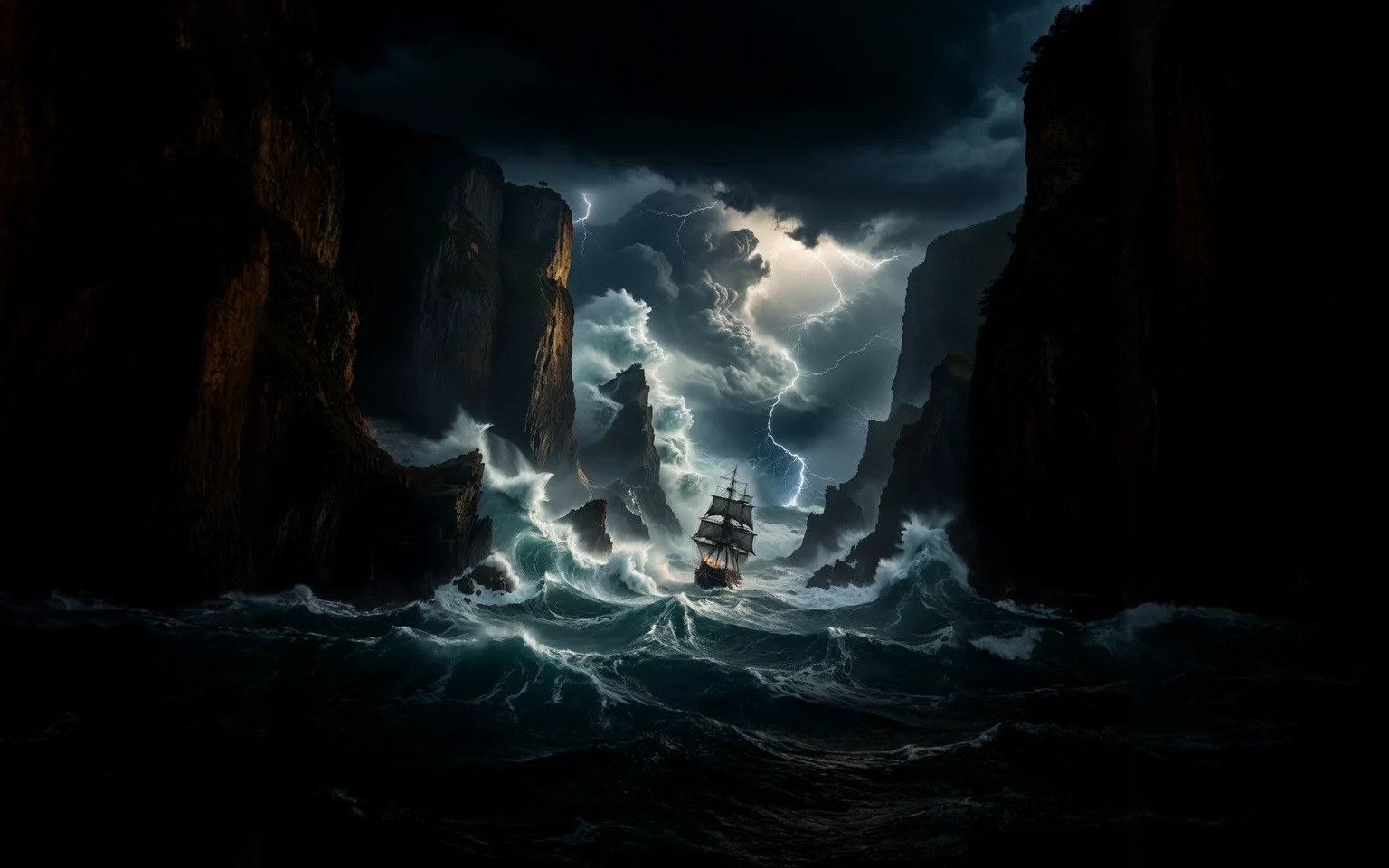 cinematic still Capture the raw power of a raging ocean storm. Waves crash against towering cliffs, sending plumes of spray into the air. Dark, ominous clouds swirl overhead, and bolts of lightning illuminate the turbulent sky. A lone ship battles the ferocious sea, its sails torn, highlighting the epic struggle between man and nature . emotional, harmonious, vignette, 4k epic detailed, shot on kodak, 35mm photo, sharp focus, high budget, cinemascope, moody, epic, gorgeous, film grain, grainy, Capture the raw power of a raging ocean storm. Waves crash against towering cliffs, sending plumes of spray into the air. Dark, ominous clouds swirl overhead, and bolts of lightning illuminate the turbulent sky. A lone ship battles the ferocious sea, its sails torn, highlighting the epic struggle between man and nature, cinematic, real, detailed, full, intricate, elegant, amazing