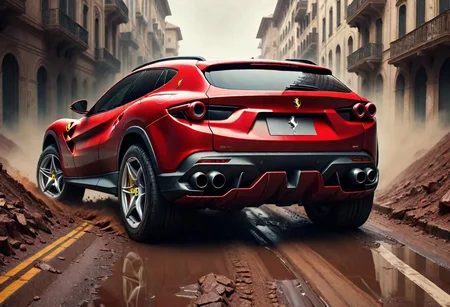 Ferrari SUV on dirty road, trending on artstation, sharp focus, studio photo, intricate details, highly detailed, by greg rutkowski