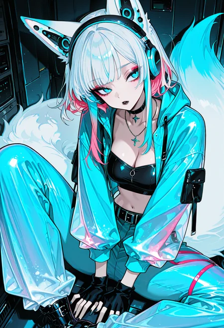 high_detail, 1girl, animal ears, solo, pants, breasts, sitting, tail, headphones, jacket, black choker, navel, choker, cleavage, gloves, belt, multicolored hair, pink hair, midriff, fingerless gloves, fox tail, makeup, fox ears, open clothes, black gloves, crop top, medium breasts, necklace, blue eyes, jewelry, hood