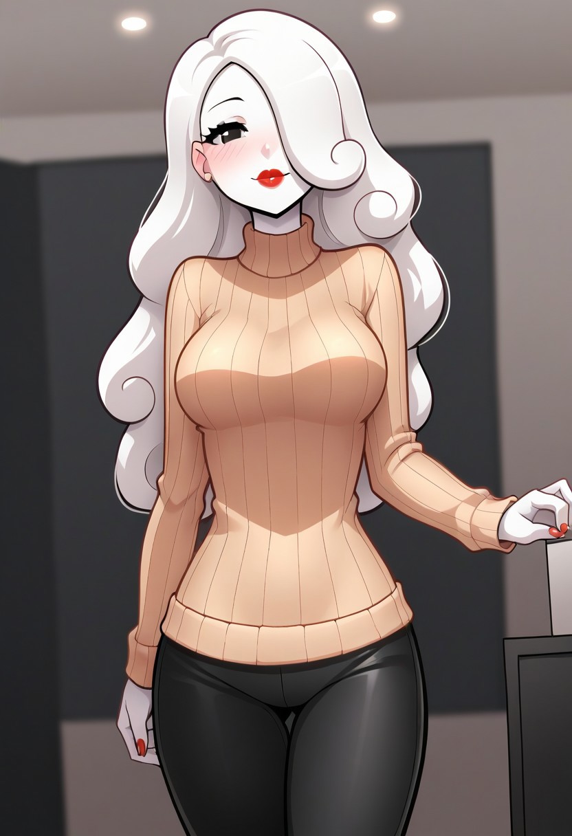 score_9, score_8_up, score_7_up, score_6_up,source_cartoon, BREAK 1girl, Yuki Yoshida,colored skin, white skin, pale skin,white hair, long hair,hair over one eye, blush, breasts,lipstick,sweater, black pants,office,standing, looking at viewer, cowboy shot, dutch angle