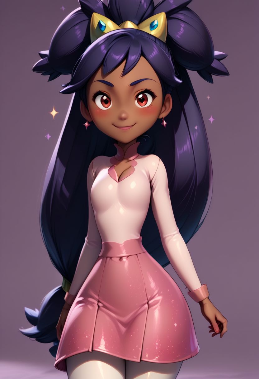 (score_9, score_8_up:1.1), score_7_up, 
subsurface scattering, 
purple theme background,glitter,sparkles,shiny,1girl, Live - action adaptation of a 3d character,  1girl, solo, 
BREAK,
curvy, 
iris \(pokemon\), purple hair, long hair, red eyes, dark skin, big hair, hair ornament, white leggings, long sleeves, miniskirt, pink skirt, 
wide hips, curvy, 
BREAK, 
charming face, smile, closed mouth, blushing, looking at viewer,