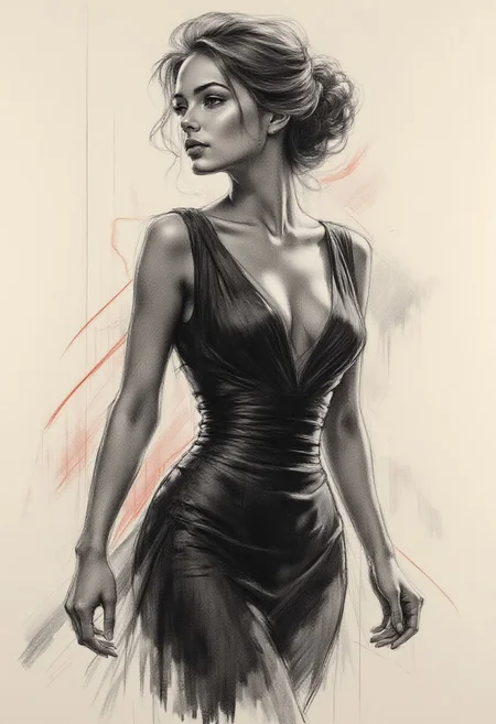 Pencil drawing, black and white, pencil strokes, black pencil shading, charcoal drawing, toned paper, pencil drawing, brutal dark black and white color scheme, sketch, Pencil Sketch Drawing, line art drawing, a elegant beautiful young woman, combination of Erin Moriarty:0.9, joey king:0.7, Rachael Taylor:1.2, wearing tango dress, (her silhouette outlined with glowing red). (style of Vladimir Volegov:1.1). (her silhouette contoured with glowing red). red white on grey color palette. professional, sleek, modern, minimalist, graphic, line art, vector graphics, black and white drawing, graphite drawing, painting in the style of Anders Zorn, Alexi Brilo, Luisa Royo