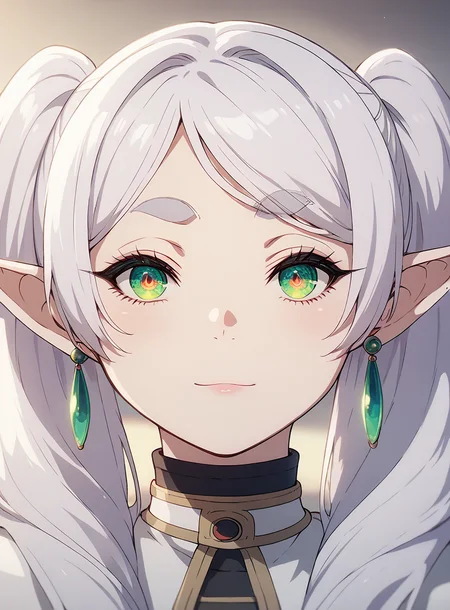 score_9, score_8_up, score_7_up, (Fantasy_eyes, beautiful eyes, highly detailed:1.05), 1girl, Frieren, solo, looking at viewer, (portrait:1.2), twin tails, white hair, green eyes, reflection, multicolored eyes, thick eyebrows, red earring, <lora:friren_clean><lora:Fantasy_eyes-e18_s576_edited>