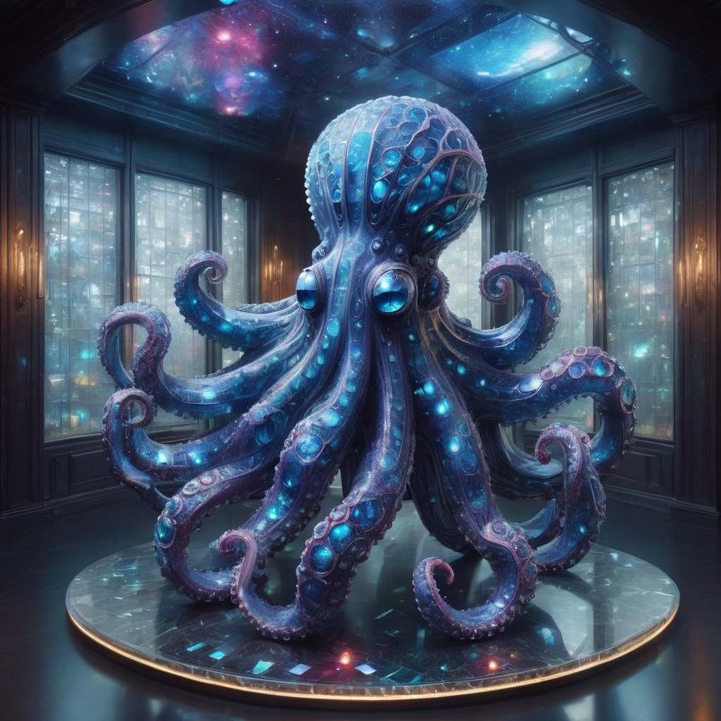 nebula octopus,marine life BREAK <lora:bgst:1>bgst holographic augmentation visualization chamber, multi-tool,candles,mermaid scales,mysterious artifact,traps and snares, russian tapestry weave tapestry,porcelain tiles,breccia stone, fluorescent tubes,sunlight through windows, wall washers, cyberpunk, sci-fi