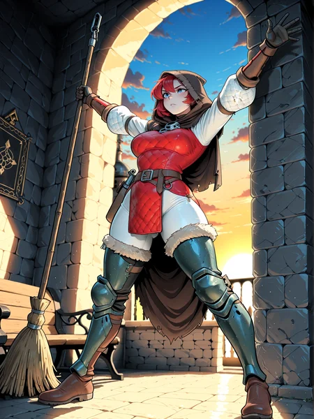 amazing quality, very aesthetic, perfect eyes, masterpiece, best quality, perfect lighting, vibrant, detailed, dynamic pose, BREAK. , 21yo, (lovely medieval soldier) 25yo , voluptuous build, short red hair, canadian, pale skin, dark Blue eyes, pikeman, wearing Leather hood with fur trim, quilted gambeson, leather tunic with rivet accents, steel poleyns, holding Pike with ashwood , set in the medieval era, in Monastery Lavatory, Spartan cell with stone walls, a wooden bench with no cushion, a crucifix hanging above, a holy water font in the corner, a broom leaning against the wall, a faint scent of incense lingering in the air, at sunset, . arms stretched wide, body leaning slightly back, legs apart, exuberant and expressive body language, BREAK. dynamic background, dynamic angle, dynamic view, low angle, side view, full body shot, (closeup), . <lora:CCMYO-IL:0.8> CCMYO Style, flat colors