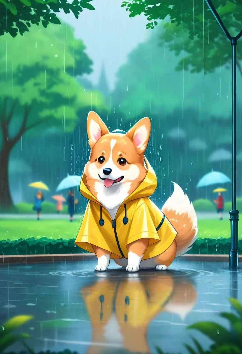 animal, corgi, raincoat, raining, park, digital storybook illustration, textured brushwork, c0l0r, sharp focus, low detail, blurry foreground, 8k resolution