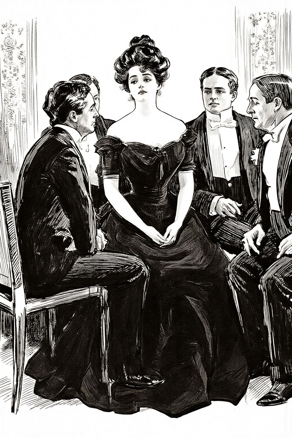 charlesdgibson1 illustration. Five people are sitting on chairs in a grand, ornate room with elaborate patterns in the background. In the center is a woman surrounded by four men, all dressed in formal attire. She is dressed in a black gown. Her voluminous hair is swept up into a fashionable bouffant updo, featuring soft curls framing her face. <lora:charlesdgibson1_cap_d8a4:1.0><lora:840204111434486822:0>
