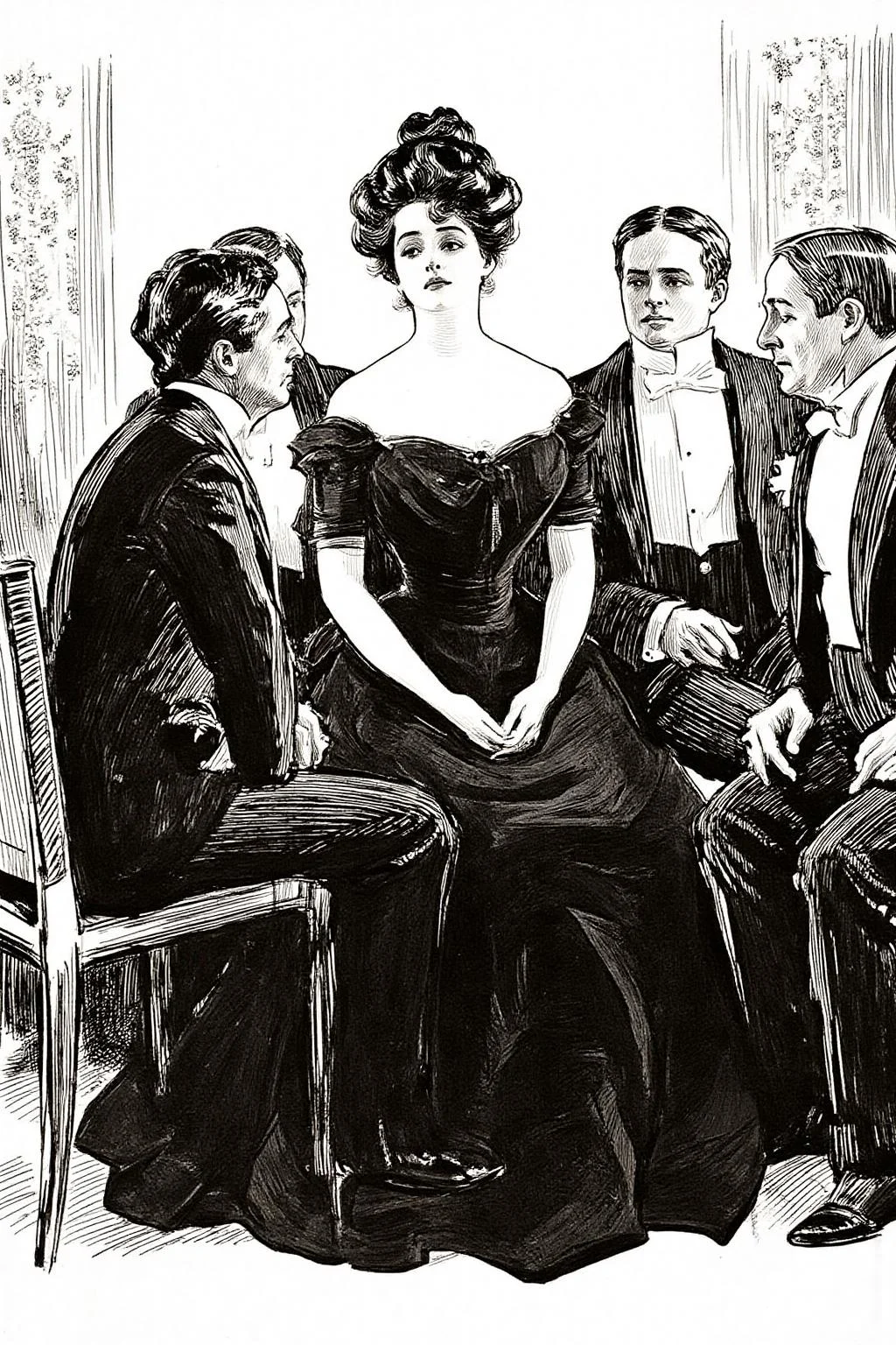 charlesdgibson1 illustration. Five people are sitting on chairs in a grand, ornate room with elaborate patterns in the background. In the center is a woman surrounded by four men, all dressed in formal attire. She is dressed in a black gown. Her voluminous hair is swept up into a fashionable bouffant updo, featuring soft curls framing her face. <lora:charlesdgibson1_cap_d8a4:1.0><lora:840204111434486822:0>