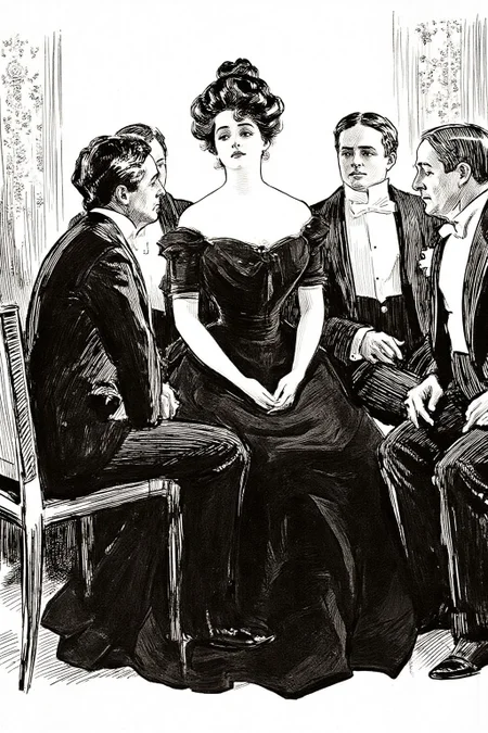 charlesdgibson1 illustration. Five people are sitting on chairs in a grand, ornate room with elaborate patterns in the background. In the center is a woman surrounded by four men, all dressed in formal attire. She is dressed in a black gown. Her voluminous hair is swept up into a fashionable bouffant updo, featuring soft curls framing her face. <lora:charlesdgibson1_cap_d8a4:1.0><lora:840204111434486822:0>