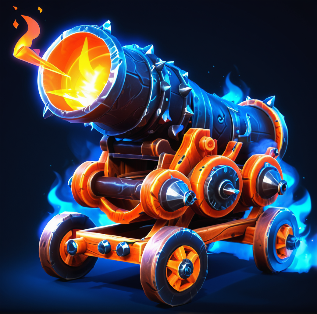 digital game illustration, 3d illustration, fantasy cannon, stylized, flames, glowing orange, dark background, metal, studs, wheels, mechanical design, intricate, warm lighting, concept art, video game asset, magical, high-quality render, detailed textures, smoke effects, fiery glow, fantasy weapon, ember particles, heavy artillery, game asset ,<lora:æ¸¸æ-000002:0.6>