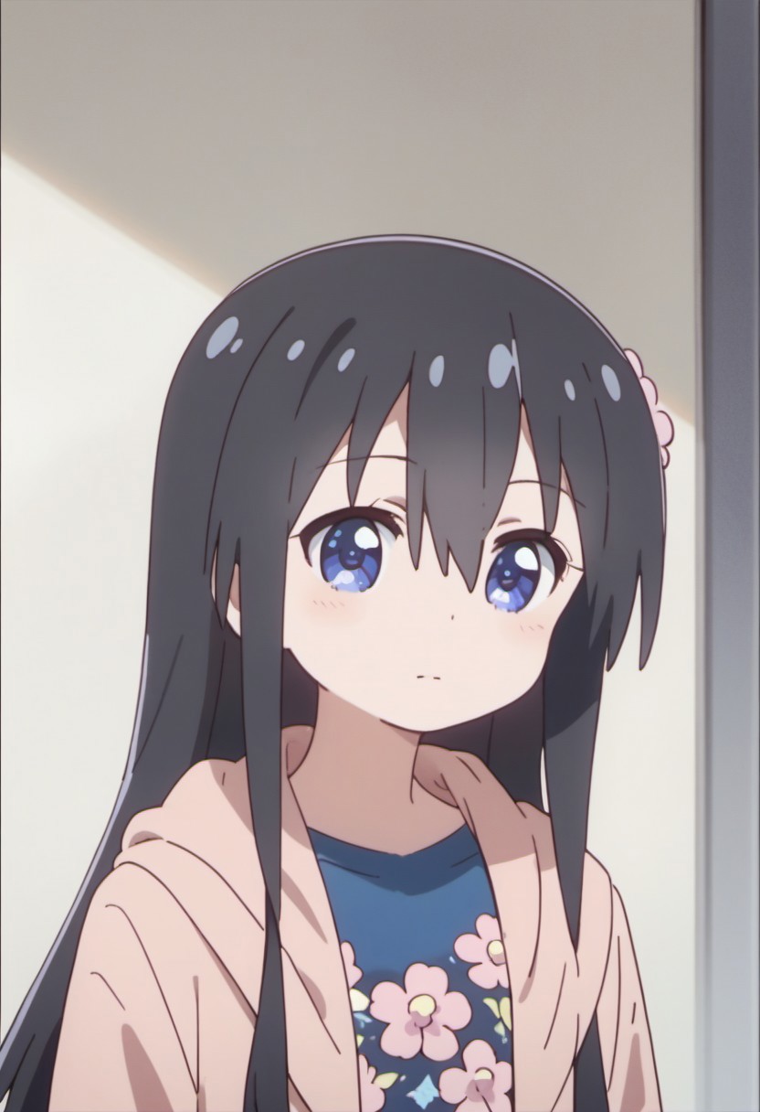 score_9, score_8_up, score_7_up, source_anime, shirosaki hana, long hair, black hair, blue eyes, 1girl, solo, hair ornament, hair flower, shirt, flower, hair between eyes, blue shirt, upper body, hood, jacket, floral print, hooded jacket, pink flower