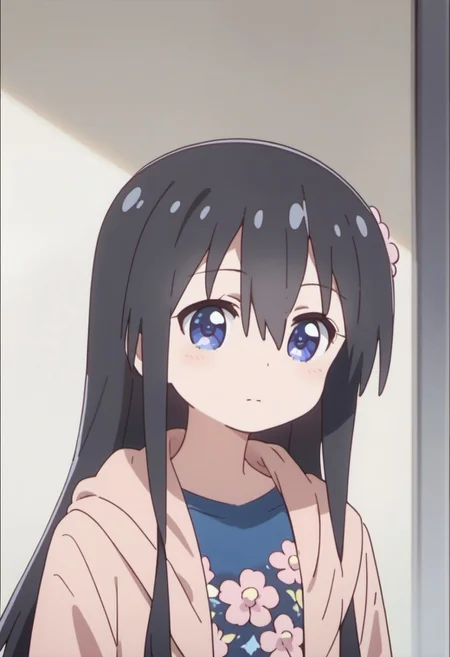 score_9, score_8_up, score_7_up, source_anime, shirosaki hana, long hair, black hair, blue eyes, 1girl, solo, hair ornament, hair flower, shirt, flower, hair between eyes, blue shirt, upper body, hood, jacket, floral print, hooded jacket, pink flower