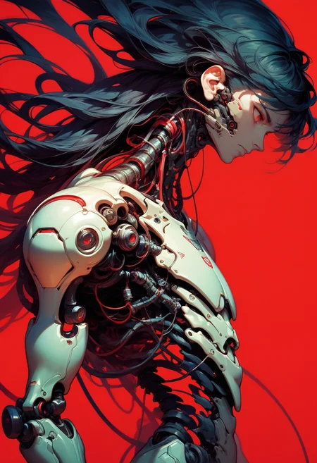(score_9, score_8_up), score_7_up, zPDXL, 1boy, solo, very long hair, bangs, simple background, black hair, red eyes, closed mouth, weapon, from side, profile, floating hair, expressionless, red background, science fiction, android, cable, mechanical arms, cyborg, robot joints, mechanical parts, tube, spine
<lora:BioPunky:0.8>