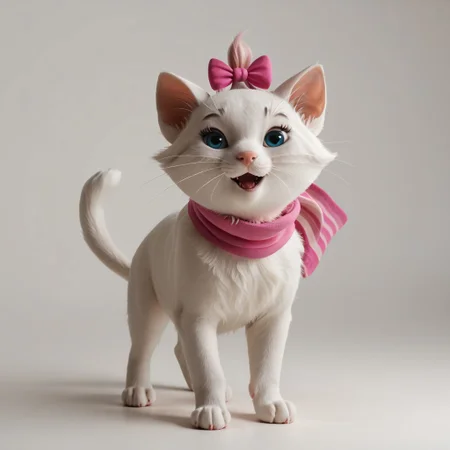 score_9, score_8_up, score_7_up BREAK KittyMarie, 1girl, cat, white fur, blue eyes, pink nose, whiskers, tail, pink hair bow, pink ribbon scarf, happy, source_3d, 3d, photorealistic, full body, solo, solo focus, alone,