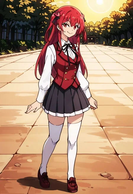 score_9, score_8_up, score_7_up, score_6_up, source_anime, anime coloring, smile, full body, <lora:Amelia_Rose:1> amelia_rose, red hair, solo, red eyes, school uniform, white thighhighs,
walking by the street of small village, 3/4 side view, wide smile, winking, looking at viewer, full body view, close view, sexy pose, beautiful background, sun rays