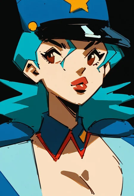 score_9, score_8_up, score_7_up, portrait, digital painting of PMJenny, aqua hair, brown eyes, lipstick, large breasts, police hat, blue jacket, open clothes, thin waist, black background, high contrast, shadows, charcoal sketch, full lips