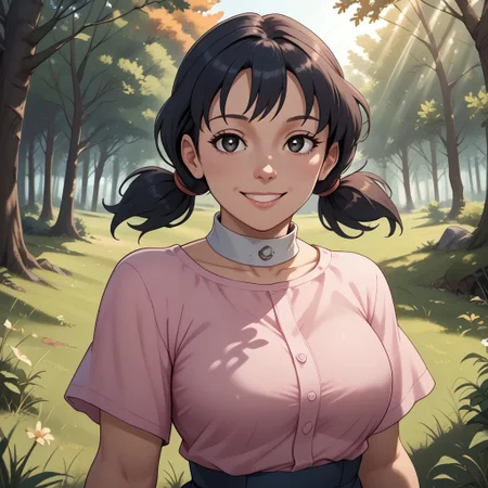 score_9, score_8, BREAK, girl, minamoto shizuka, black hair, low twintails, short twintails, black eyes, white pupil, pink shirt, white collar, blue skirt, white kneehighs, pink shoes, adult female, mature female, breasts, sexy pose, self portrait, smile, outdoors, sunlight, shadows, evening lighting, natural lighting, forest, trees, grass, orange sky, sunset