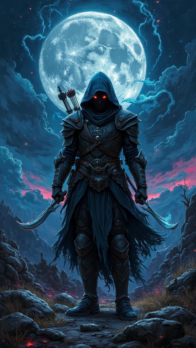 <lora:pixa_atyle-000001.safetensors:1> pixa style,champions,cute
In the heart of a desolate, moonlit landscape, a shadowy figure stands, cloaked in an aura of enigmatic power. The figure, a seasoned warrior in their late 30s, is dressed in ornate, dark armor that glistens under the moon's ethereal glow. The armor, crafted from materials unknown, is adorned with intricate, flowing patterns and ornate flourishes, each detail a testament to the artistry and magic that infuse it.
Their head is shrouded in a deep, flowing hood, casting a shadow that obscures their face. Two glowing, piercing red eyes are the only visible features, emanating a sinister and commanding presence. The hood drapes gracefully over the shoulders, adding to the figure's enigmatic silhouette. A quiver of arrows rests on their back, and a bow is slung across their chest, marking them as a skilled archer or hunter.
In each hand, the figure wields a sleek, sharp sword, held with a relaxed yet poised grip, ready for action. The blades catch the moonlight, reflecting a cold, shimmering brilliance that underscores their lethal potential. The warrior's stance is confident and balanced, feet firmly planted on the rugged terrain of rocks and sparse, windswept grass.
The ground beneath them is a mosaic of rough stones and withered vegetation, bathed in the cool, silvery light of the full moon. Above, the sky is a canvas of stark, fiery hues, a vivid contrast to the cool tones below. Ethereal wisps of glowing energy swirl around the figure, blending seamlessly into the night sky. These swirling tendrils of light enhance the mystical and otherworldly atmosphere, casting the warrior in a realm of enchantment and foreboding.
The entire scene is a harmonious blend of vivid jewel tones—teal, magenta, and gold—set against a dark, shadowy background. The contrast of light and dark, the intricate details, and the gentle, flowing textures create a dreamscape that is both mesmerizing and haunting, a perfect encapsulation of the warrior's powerful and mysterious essence.