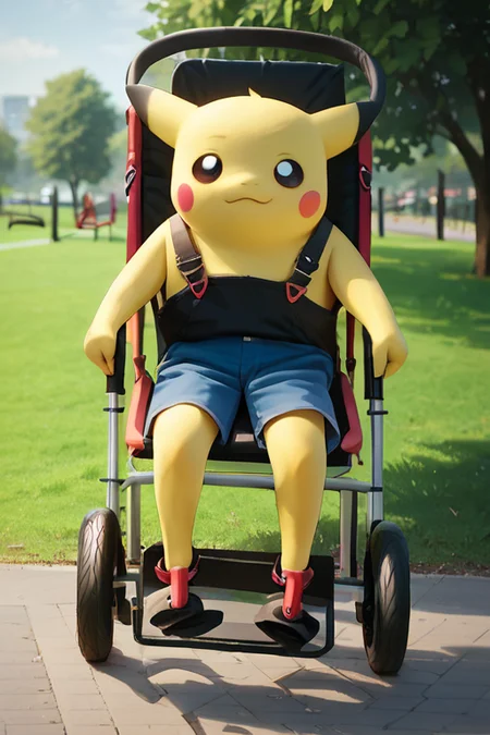 score_9,score_8_up,score_7_up,score_6_up,score_5_up,score_4_up,score_anime,solo,
<lora:Longchu:0.8>,Longchu,yellow body,black round eyes,black ear tips,red circle cheeks,tall,long legs,<lora:Adult Stroller v3:0.8>,adult_stroller,restraints,foot restraints,park,