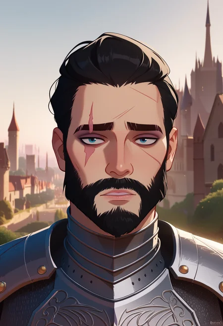 score_9,score_8,score_7,score_6,score_5, SH_Style, NIMO, portrait, close up, 1man, knight, armor, long black hair, beard, scar, outdoors, city,  <lora:Sheeps_Styles_-_Nimona:1>
