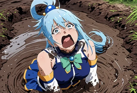 score_9,score_8_up,score_7_up,source_anime,<lora:mynameismud:0.8>,hud_quiks4nd,dirt,mud,quicksand,outdoors,partially submerged,dirty face,<lora:concept_aquascreaming_ponyXL:0.9>,aquascreaming,screaming,open mouth,crying with eyes open,<lora:Aqua_Pony:0.8>,Aqua_(Konosuba),blue_eyes,blue_hair,long_hair,hair_rings,medium_breasts,bare_shoulders,blue_skirt,blue_thighhighs,detached_sleeves,green_bowtie,hair_ornament,miniskirt,white_sleeves,white_thighhighs,sleeveles_shirt,blue_shirt,from above,
