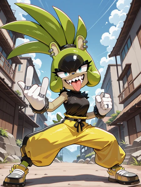 <lora:Surge_the_Tenrec_NS:1> surge the tenrec, fighting stance, tongue out, sharp teeth, outdoors, \m/,, masterpiece, best quality, amazing quality, very aesthetic, absurdres, new, newest,