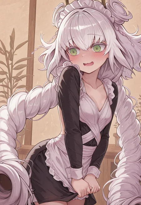 Traptrix Genlisea, solo, ((bare neck)), open mouth, blush, 1girl, plant girl, maid, maid apron, black dress, long sleeves, maid headdress, shy face, wide eyes, embarressed, opened mouth, wavy mouth, skirt tug, skirt, wind lift, cafe