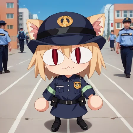 score_9. score_8_up, source_anime, animeirl, <lora:police_pony_V1.0:0.8> police, police uniform, multiple person,  necoarc, chibi, blonde hair, red eyes, slit pupils, cat ears, :3,   guiding viewer on road <lora:necoarc-guy-PONYv1_1:1> <lora:Animeirl v3 GLoRA PDXL Anzhc:0.7>