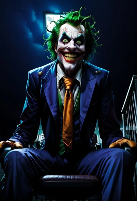 Score_9, score_8_up, score_7_up, rating_explicit, uncensored,
Break,
the joker, 1boy, solo, green hair, suit, smile, formal, necktie, gloves, green eyes, messy hair,
Break,
Joker outfit
Break,
(sitting on office chair:1.4), (leaning forward:1.4)
Break,
(below view:1.5), (crazy expression:1.3), (crazy eyes;1.3),
Break,
(Dark jail background:1.5),
Break,
(Painstakingly detailed:1.5), (8KHD), (professional artwork:1.4), (amazingly realistic:1.4)
Break,
(dark dramatic lighting:1.2), (night time:1.5), dramatic chiaroscuro lighting,
Break,
easynegative, ng_deepnegative_v1_75t, Expressiveh, verybadimagenegative_v1.3, Cinematic Hollywood Film Style
