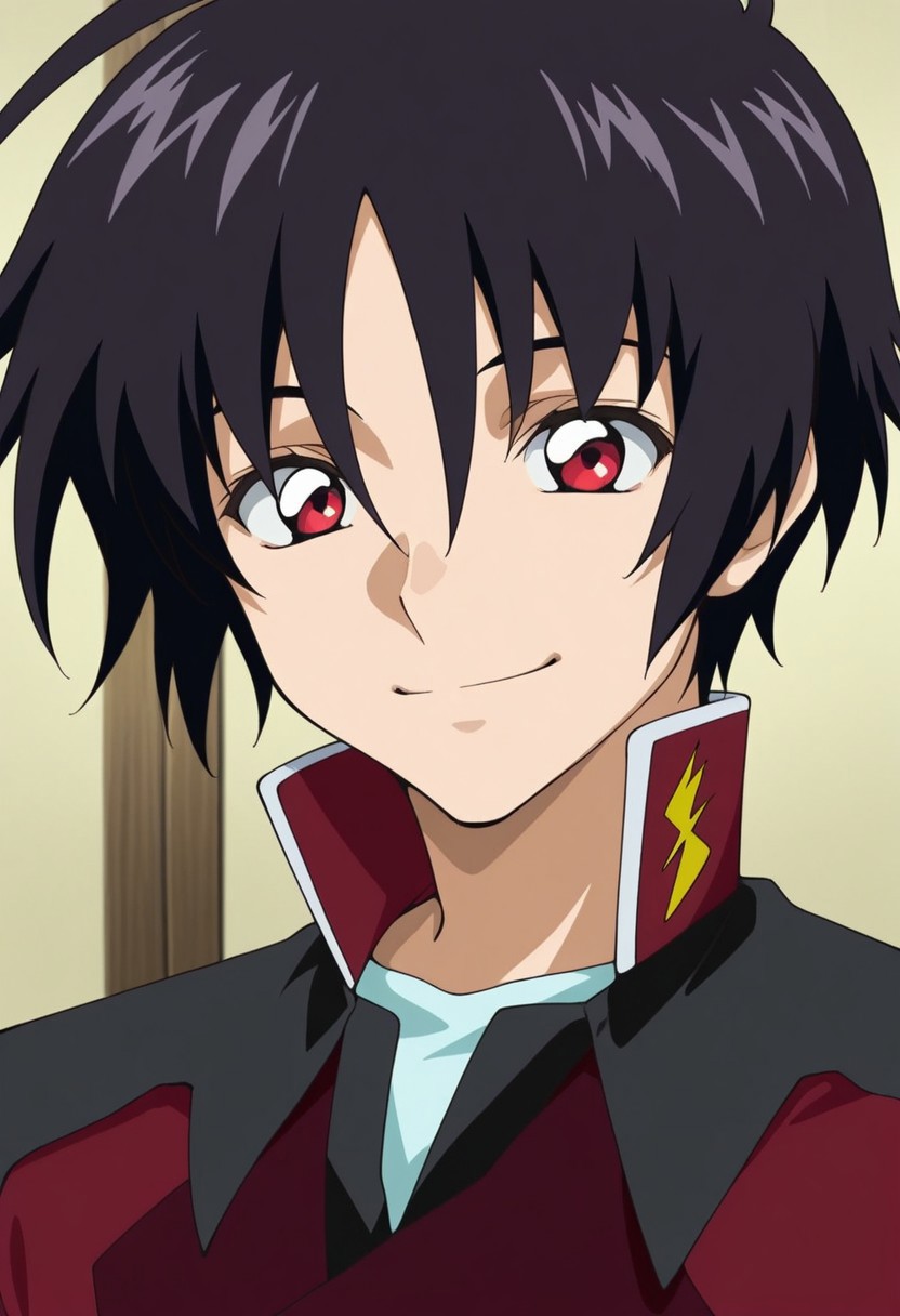 masterpiece,best quality,amazing quality, source_anime, 
ShinnAsuka, 1boy, male focus, solo, red eyes, black hair, uniform, military, military uniform, jacket, red jacket, smile, happy, portrait,