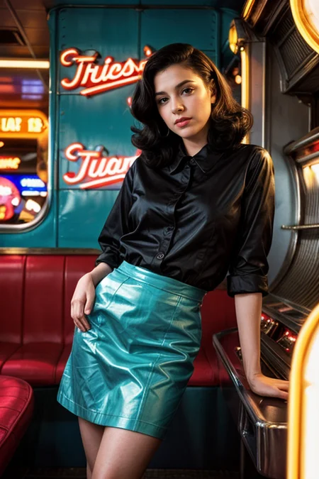 Portrait Photo of an actor in 1960s attire, leaning against a classic diner's jukebox, under vibrant and contrasting lighting, from a slightly tilted angle, embodying the mood of cool and retro <lora:more_details:0.7> <lora:picxer_real:0.6>