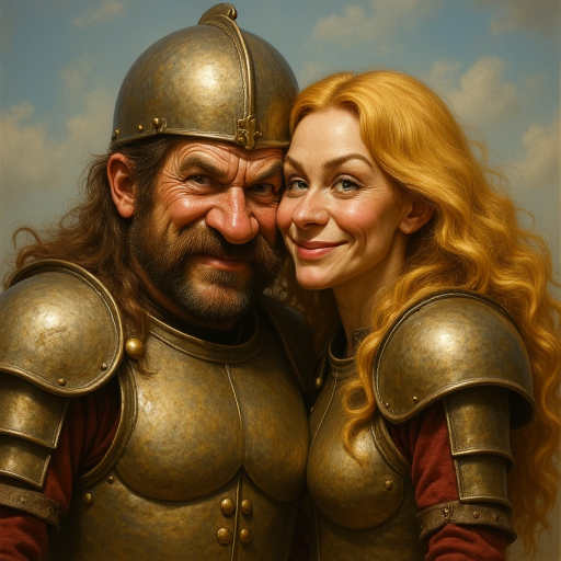 leaving only his eyes visible. His armor is a combination of bronze and leather, exaggerated features: thick, wrinkled and deeply lined, depicted as a bearded man with a stern expression, determined expression., flowing, wide-eyed blonde woman with a mischievous grin, exaggerated style, curly hair and a wide