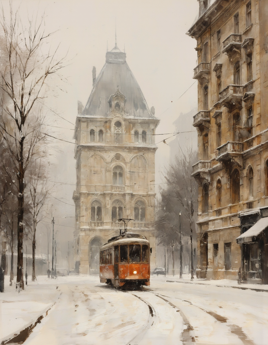 AquarelleIV. A photo-realistic digital painting of a snowy street scene with a vintage tram in the foreground, taken from a low angle, showing a detailed depiction of an orange and white trolley car on the tracks in the middle of the image. the tram is positioned in the center of the frame, with a large, ornate building in the background. the building has multiple windows and ornate details, with intricate carvings and a pointed roof, and is surrounded by tall, beige-colored buildings with ornate architectural features. the street is also covered in a thick layer of snow, with bare trees on either side. the scene is set against a hazy, misty atmosphere, with the snowfall adding to the wintery feel of the scene. the colors are muted, with shades of beige and white dominating the scene, and the details of the tram and the surrounding buildings are intricate and detailed, giving a sense of realism to the otherwise cold and snowy environment.