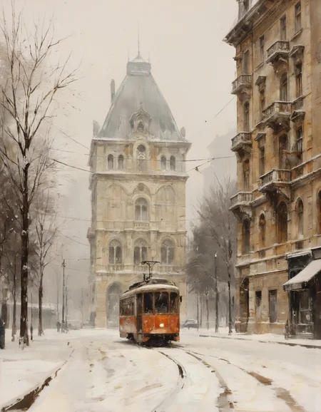 AquarelleIV. A photo-realistic digital painting of a snowy street scene with a vintage tram in the foreground, taken from a low angle, showing a detailed depiction of an orange and white trolley car on the tracks in the middle of the image. the tram is positioned in the center of the frame, with a large, ornate building in the background. the building has multiple windows and ornate details, with intricate carvings and a pointed roof, and is surrounded by tall, beige-colored buildings with ornate architectural features. the street is also covered in a thick layer of snow, with bare trees on either side. the scene is set against a hazy, misty atmosphere, with the snowfall adding to the wintery feel of the scene. the colors are muted, with shades of beige and white dominating the scene, and the details of the tram and the surrounding buildings are intricate and detailed, giving a sense of realism to the otherwise cold and snowy environment.