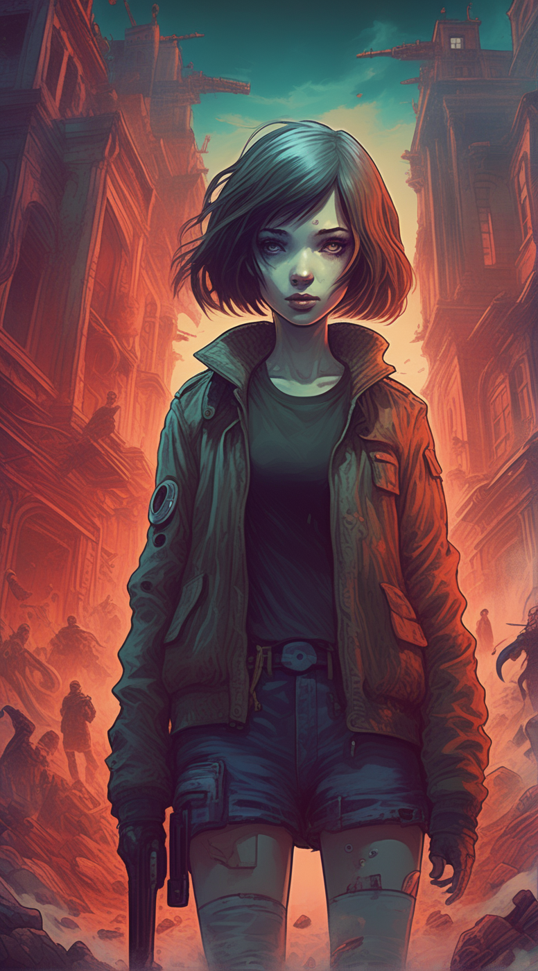 drawix4 cyborg girl, hell, destroyed buildings and a group of people in the background, a dark and mysterious world unfolds, enigmatic dreamscape surrealistic <lora:drawix4:1>