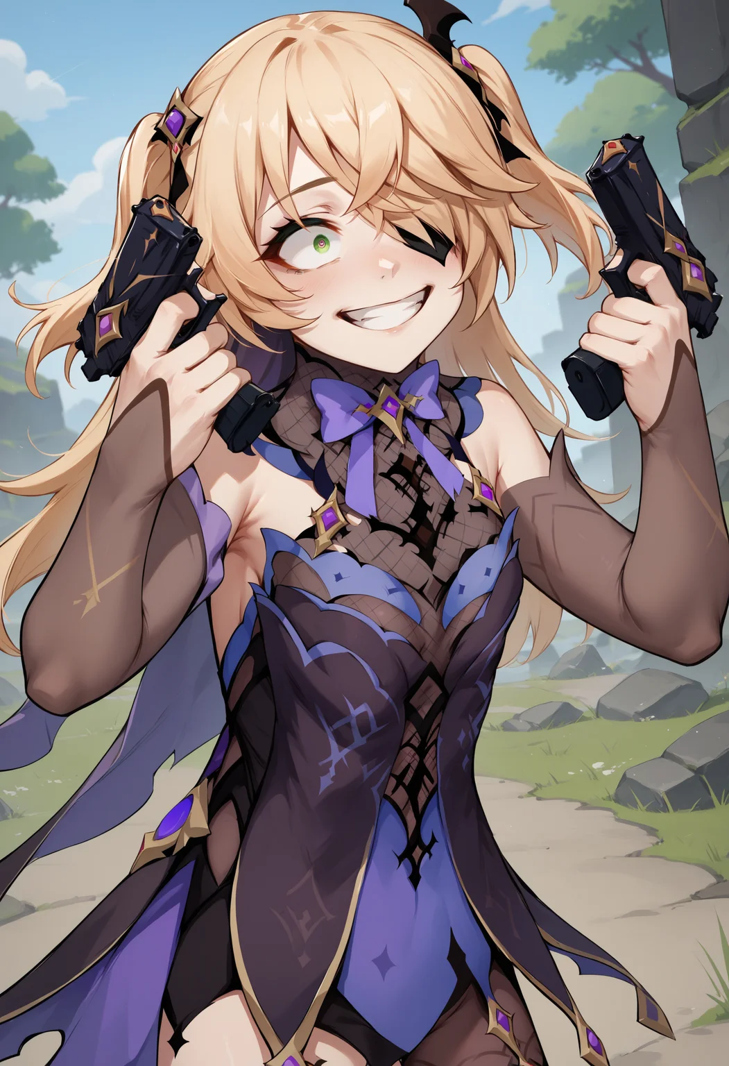 score_9, score_8_up, score_7_up, 1girl, handgun, holding gun, holding weapon, dual wielding, smile, grin, finger on trigger, crazy eyes <lora:DanielRadcliffeHoldingTwoGunsMeme_pdxl_Incrs_v1:1>, fischl \(genshin impact\), outdoors,