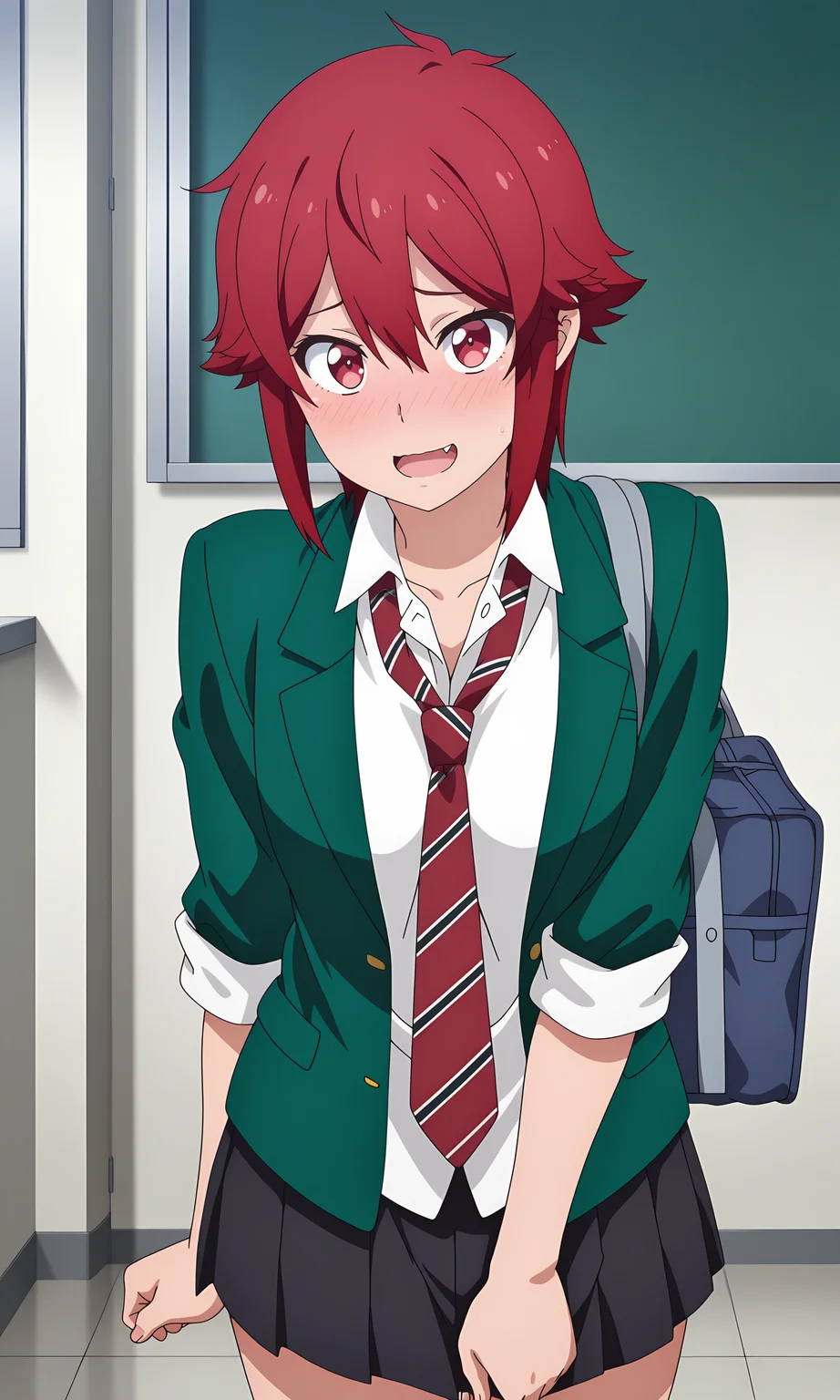 anime coloring, (anime screencap) masterpiece, detailed face,1girl, <lora:Tomo_Aizawa:0.8>Tomo, red hair, solo, school uniform, red eyes, necktie, short hair, skirt, blush, open mouth, bag, jacket, fang, school bag, pleated skirt, smile, looking at viewer, sleeves rolled up, blazer, shirt, loose necktie, striped necktie, embarrassed, red necktie, :d, sidelocks