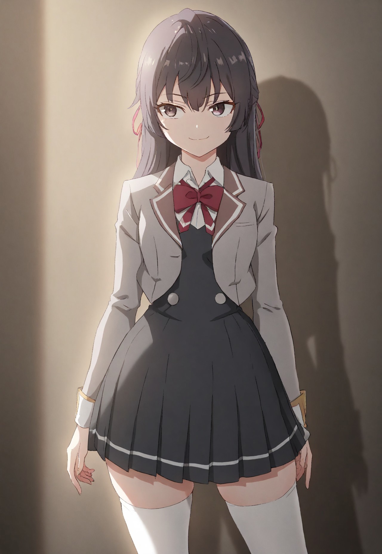 detailed, sinfully stylish, dramatic lighting, long shadows, soft light, contrapposto, anime, 1girl, solo, school uniform, dark grey pleated dress, grey jacket, white thighhighs, hair ribbon, staring at viewer, smiling, wide hips, standing, hip sway,