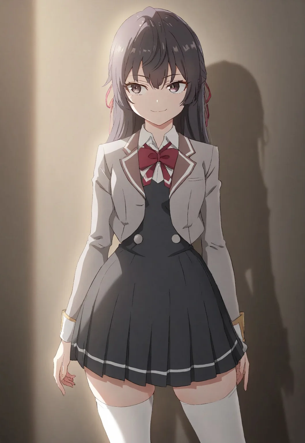 detailed, sinfully stylish, dramatic lighting, long shadows, soft light, contrapposto, anime, 1girl, solo, school uniform, dark grey pleated dress, grey jacket, white thighhighs, hair ribbon, staring at viewer, smiling, wide hips, standing, hip sway,