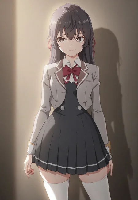 detailed, sinfully stylish, dramatic lighting, long shadows, soft light, contrapposto, anime, 1girl, solo, school uniform, dark grey pleated dress, grey jacket, white thighhighs, hair ribbon, staring at viewer, smiling, wide hips, standing, hip sway,