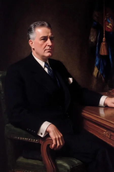 frankowensalisbury1 painting.
President Franklin D. Roosevelt, formally dressed, is seated in an ornate chair, leaning slightly forward. He is wearing a dark suit with a white shirt and a tie. He has one hand resting on the armrest and the other resting on the desk on the right. In the background, there is a richly decorated curtain with tassels and a shield-like emblem. <lora:frankowensalisbury1_cap_d8a4:1.0><lora:863247102736644889:0>