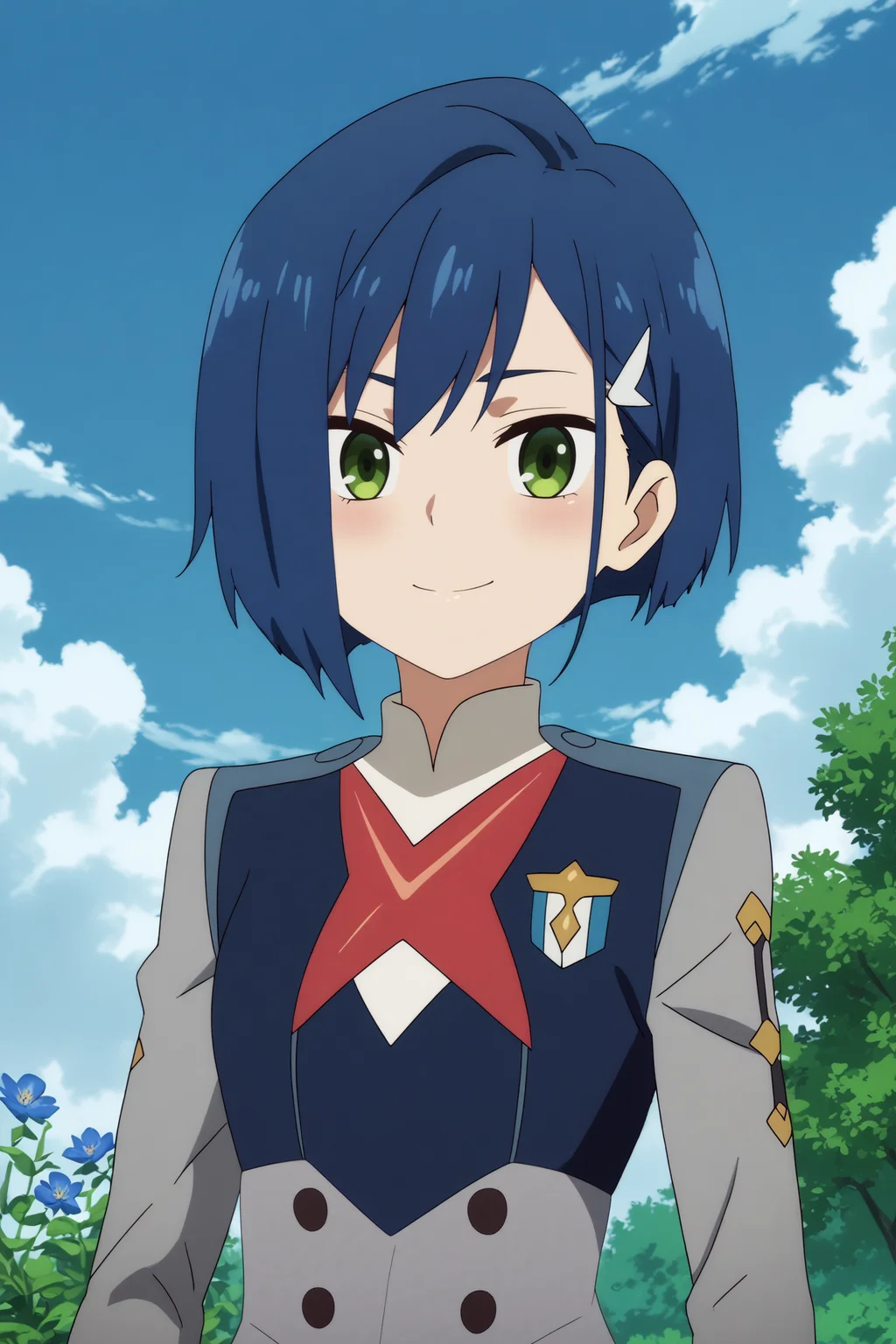 ichigo,1girl,solo,short hair,uniform,military_uniform,military,hair ornament,hairclip,looking at viewer,light smile,upper body BREAK outdoors,blue sky,cloudy_sky,blue flower,blue theme <lora:Ichigo_-_Darling_in_the_franxx.safetensors:0.8> <lora:detailed_backgrounds_v2.safetensors:0.5>