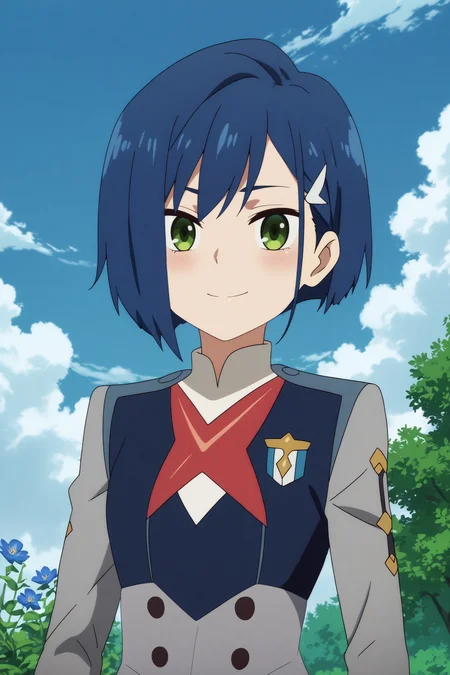 ichigo,1girl,solo,short hair,uniform,military_uniform,military,hair ornament,hairclip,looking at viewer,light smile,upper body BREAK outdoors,blue sky,cloudy_sky,blue flower,blue theme <lora:Ichigo_-_Darling_in_the_franxx.safetensors:0.8> <lora:detailed_backgrounds_v2.safetensors:0.5>