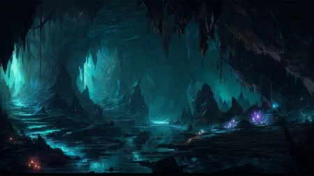 (a vast wide underground grotto:1.2), (extreme long shot:1.1), large mushrooms, (glowing:.7) moss, (dripping water:.2), rock walls, leading down, underground environment, limestone, stalactites, stalagmites, fog, ominous, dark atmosphere, horror, cinematic lighting, (dim lighting:1.2), (ravine:1.2), deep shadows, plant roots, humid, rough uneven terrain, rock wall in foreground, <lora:FantasyLandscape:.6>, <lora:epi_noiseoffset2:.4>, art by evan cagle and greg rutkowski,