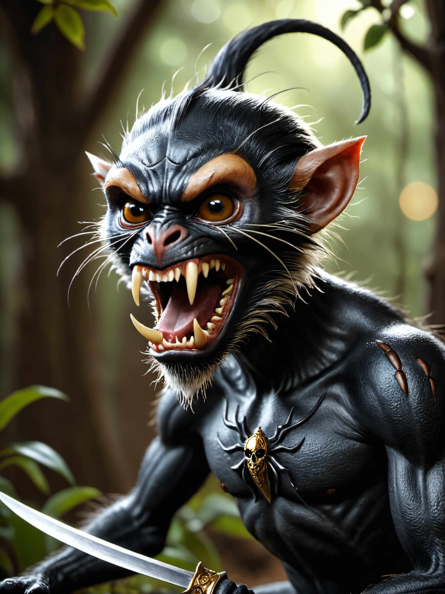 cinematic film still evil spider monkey with a dagger,open maw,cinematic film still photography in the style of detailed hyperrealism photoshoot,creature,fantasy,James Christensen,grim grimsly,clive barker,bold lines,hyper detailed,. shallow depth of field,vignette,highly detailed,high budget,bokeh,cinemascope,moody,epic,gorgeous,film grain,grainy,, glow effects, godrays, Hand drawn, render, 8k, octane render, cinema 4d, blender, dark, atmospheric 4k ultra detailed, cinematic, Sharp focus, big depth of field, Masterpiece, colors, 3d octane render, 4k, concept art, trending on artstation, hyperrealistic, Vivid colors, extremely detailed CG unity 8k wallpaper, trending on CGSociety, Intricate, High Detail, dramatic, Ultra-HD-details . shallow depth of field, vignette, highly detailed, high budget, bokeh, cinemascope, moody, epic, gorgeous, film grain, grainy
