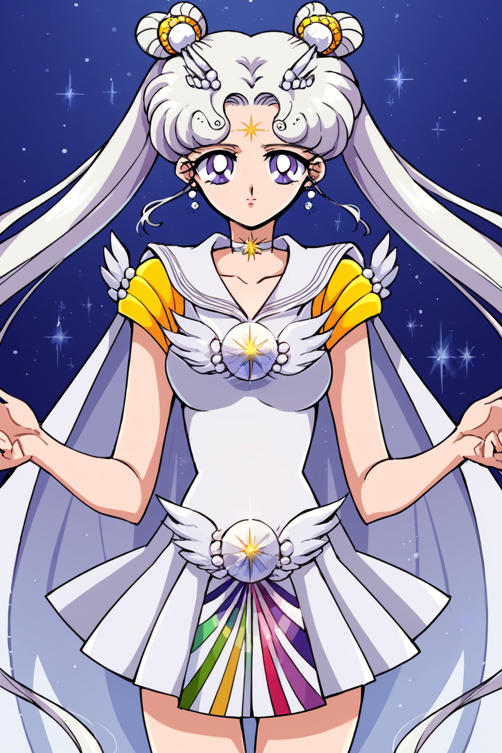 score_9, score_8_up, score_7_up, score_6_up, score_5_up, score_4_up, 1girl, sailor cosmos, standing, upper body, solo, long hair, skirt, hair ornament, twintails, jewelry, purple eyes, white hair, pleated skirt, earrings, choker, sailor collar, hair bun, cape, double bun, facial mark, white skirt, brooch, white sailor collar, hairpin, forehead mark, white choker, sailor senshi uniform , <lora:SailorCosmosPnyXL:1>